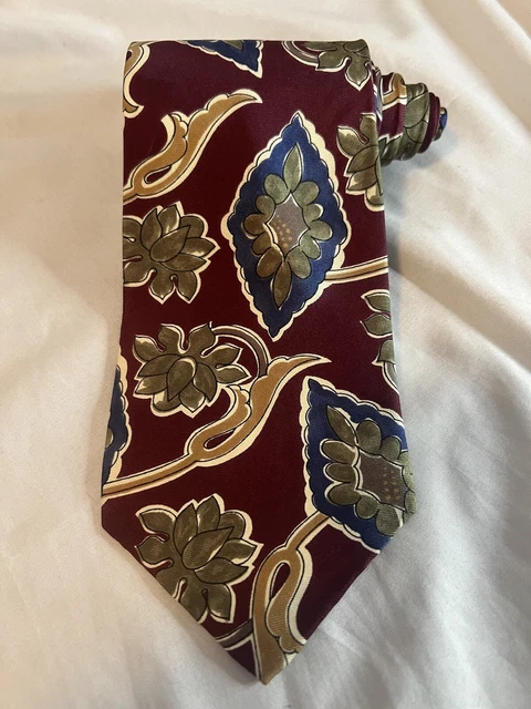 harve benard Maroon/Green/Blue/Gold/White Floral 100% Silk Tie Necktie 56"x3.5"