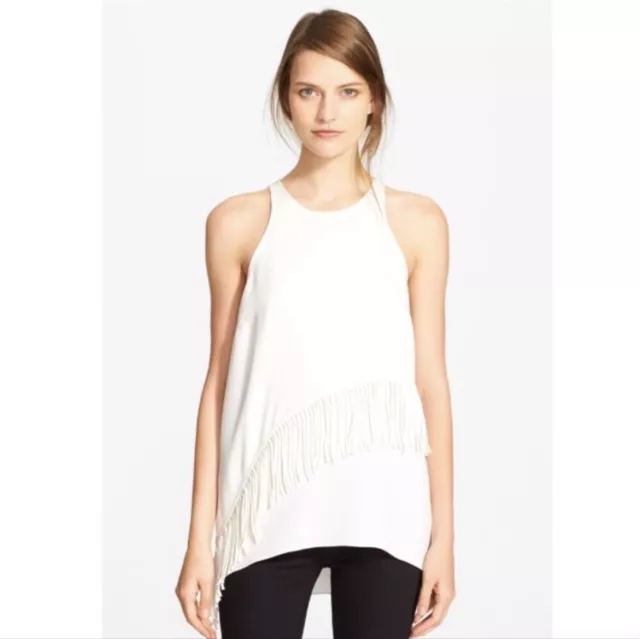 Elizabeth And James Size Medium White Fringe Sleeveless Blouse tank top Silk