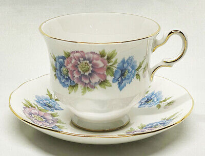 Queen Anne English Bone China  Cup Saucer #8543 Pink Blue Flowers