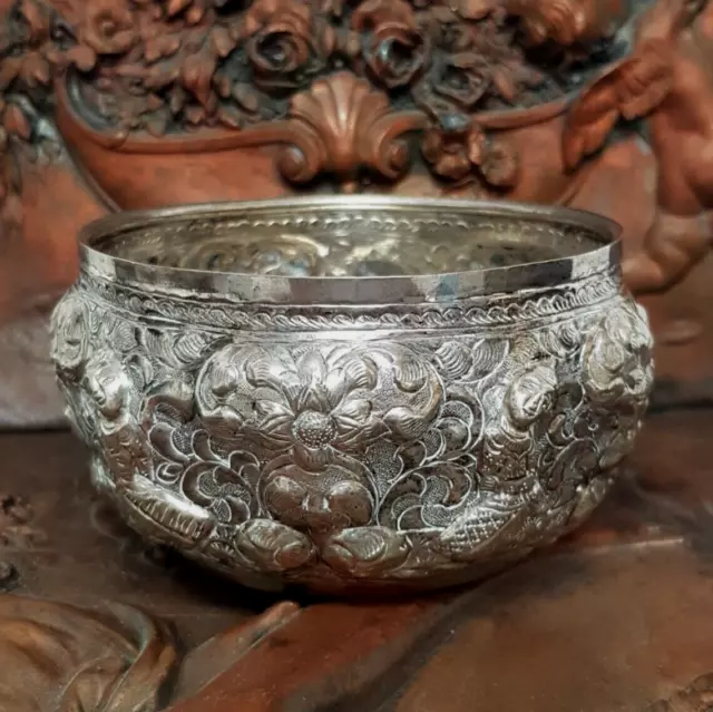 Antique Vintage Burmese Siam Thai Silver Repoussed Small Silver Bowl