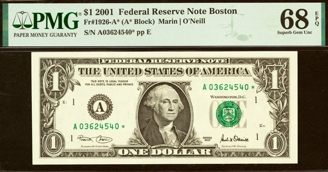 2001 $1 Federal Reserve Note PMG 68EPQ top pop finest Boston star Fr 1926-A*