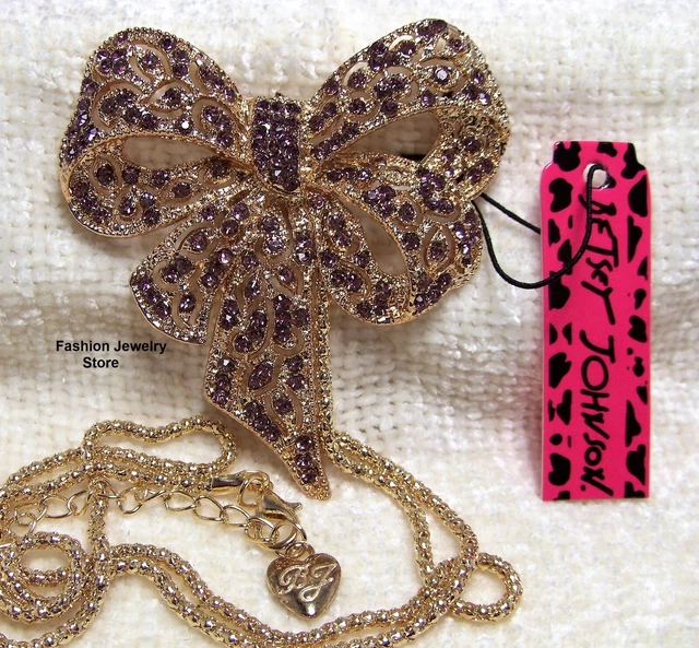 Betsey Johnson Necklace-Retro style Pink Bow Rhinestone Bling Pendant-Gold-NWT
