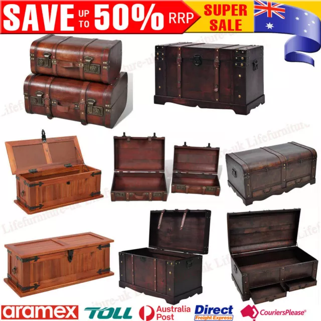 New Large Vintage Treasure Chest Wood Storage Chest Trunk Box Coffee Table Chest