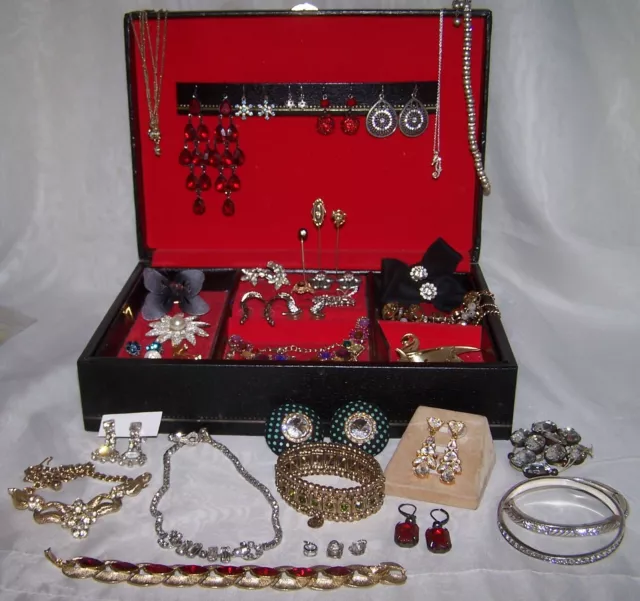 Vintage and Contemporary Rhinestones Large Lot with Buxton Jewelry Box