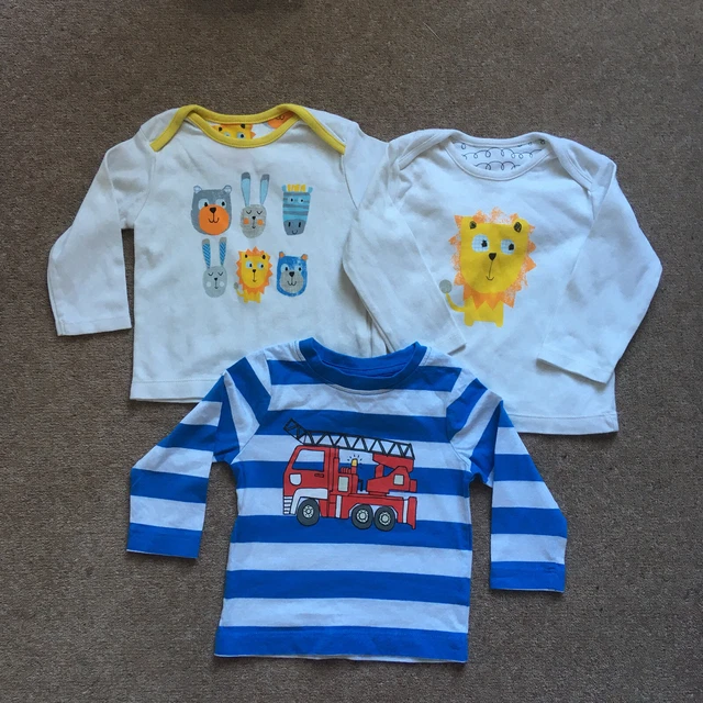 3x T-shirt a maniche lunghe ragazzi nuovissime età 9-12 mesi M&S, stivali mini club