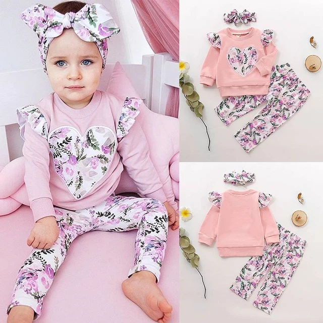 3PCS Infant Toddler Kid Baby Girl Clothes Floral Tops Pants Headband Outfits Set