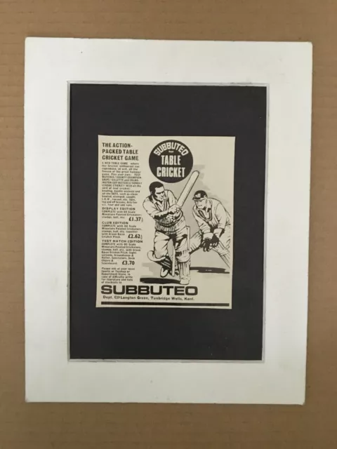 SUBBUTEO TABLE CRICKET -1971 Mounted original advert