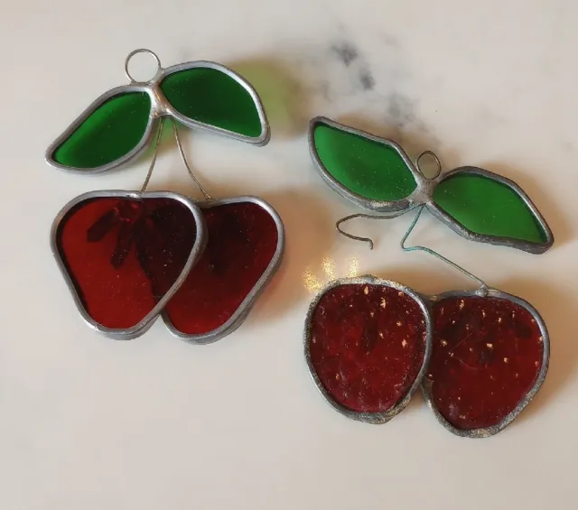 Vintage Leaded Stained Glass Window Sun Catcher strawberry cherries 2 lot 70's
