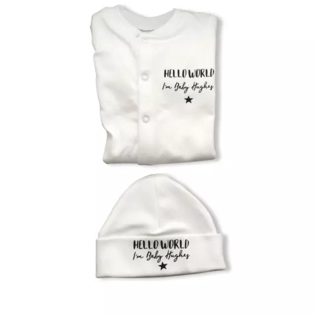 PERSONALISED sleepsuit & hat HELLO WORLD baby clothing sleepsuit baby showergift