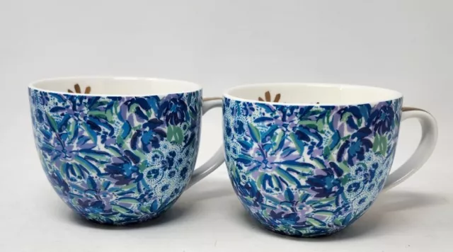 Lilly Pulitzer Ceramic Mugs~ Set of 2~Beautiful Blue Floral~Gold Handle ~ 12 oz.