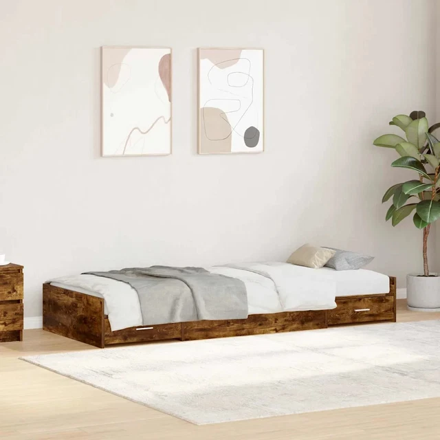 STORAGE BED FRAME with Drawer Smoked Oak 90 x 200 cm Engineered wood ...