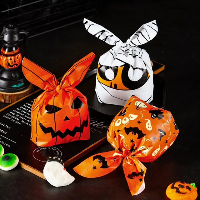 50 piezas/juego de bolsas de dulces de Halloween orejas de conejo patrón festivo hornear calabaza