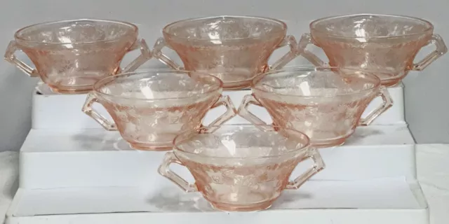 6 Hazel Atlas FLORENTINE #2 PINK 4 3/4" CREAM SOUP BOWLS