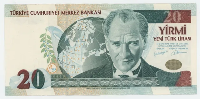 Turkey 20 Lira L.1970 2005 Pick 219 VF++ Circulated Banknote Serial F