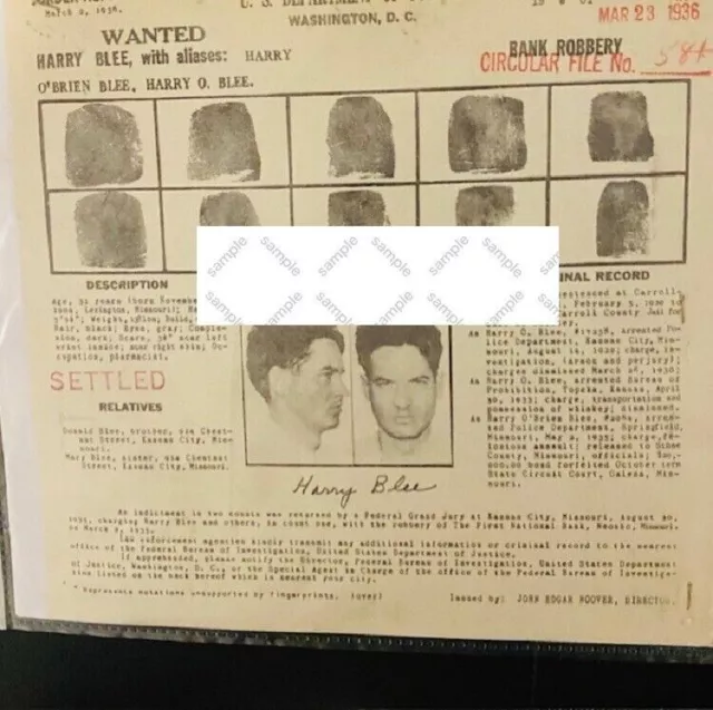 1936 FBI WANTED Poster Harry Blee-Kidnapping-Walter 