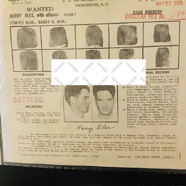 1936 fbi wanted poster harry blee kidnapping walter irish o malley