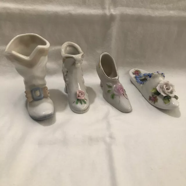 Lot Of 4 Vintage Miniature Porcelain Shoes Boots