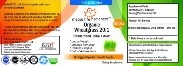 ORGANIC Wheat Grass 20:1 Extract Capsuels , Pure & High Quality, Antioxidant