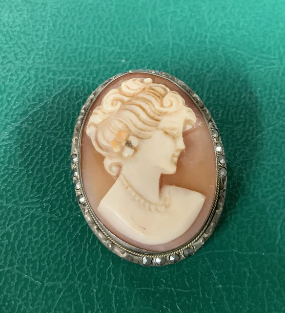 Bijou Ancien Camée Sur Monture Argent Brillant Portrait Femme Broche Pendentif