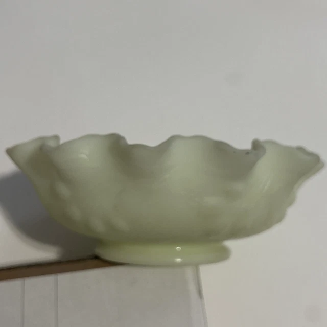 VTG Fenton Uranium Satin Scalloped Ruffled Embossed Glass Bowl 8 inches See Pics