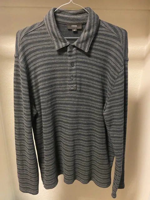 Vince Double Knit Jacquard Polo Shirt Mens Gray Striped Long Sleeve Cotton SZ M