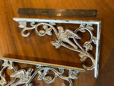Set (2) Antique White Iron Architectural Shelf Brackets Corbel Ornate Birds 12"