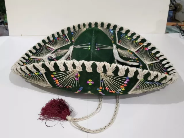 Pigalle Salazar Vintage Adult Mexican Velvet Green Sombrero 22" Hat Ornate