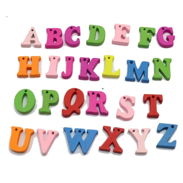 100 Pcs Assorted Bright Color FlatBack Alphabet Letter Wood Beads Pendant 0.63"