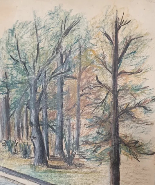 Antique impressionist forest landscape pastel painting