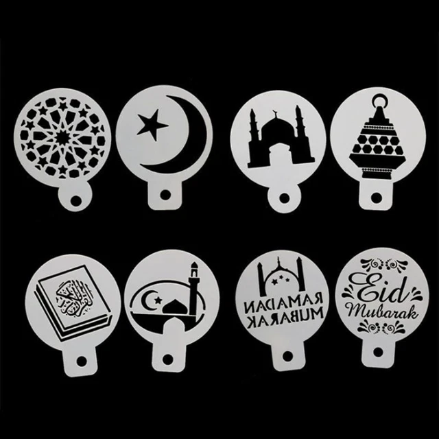 8pcs/set Eid Moon Coffee Flower Spray Stencils Cake Mold Decor