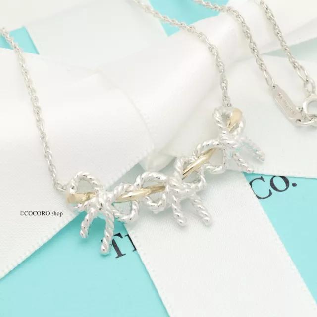 Tiffany & Co. Triple Ribbon Bow Necklace Pendant 16" Silver & 18K Gold w/Pouch