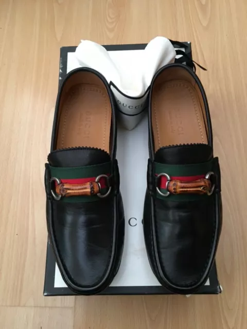 Gucci Loafers Shoes Leather Bamboo Uk 7 41 Horsebit Green Red Web Mens Black