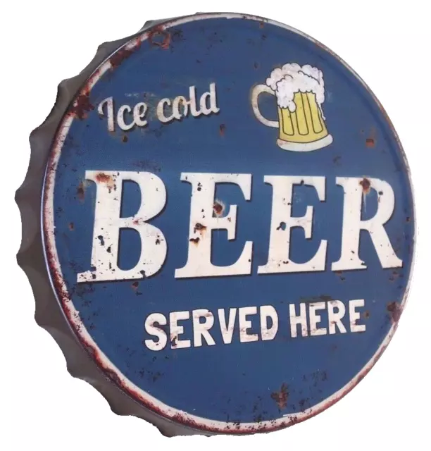 Shabby Blechschild Wandbild Kronkorken Ice Cold Beer Served Here 34x4c Retro NEU