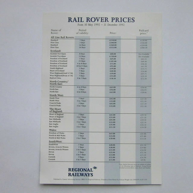 REGIONAL RAILWAYS 1992 Rail Rover Prices (Rail Price List Leaflet