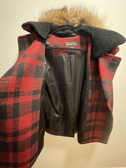 Michael Kors Mens Discontinued Thick Plaid Wool Jacket W/ Real Fur Trimmed Hood