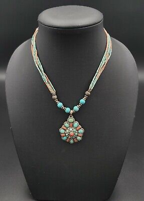 Vintage Old Silver Afghanistan Necklace With Beautiful Pendant Turquoise & Coral