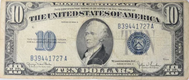 1934D $10 Silver Certificate FR1705 VG Uncertified