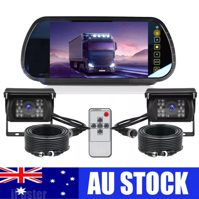 7" Touch Button Screen Monitor Mirror 2x 4 PIN Rear View Camera 12v 24v Caravan