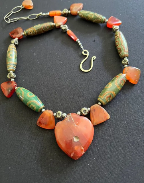Idar Oberstein old trade Carnelian ancient arrow Beads & Rare Dzi Eye Necklace.