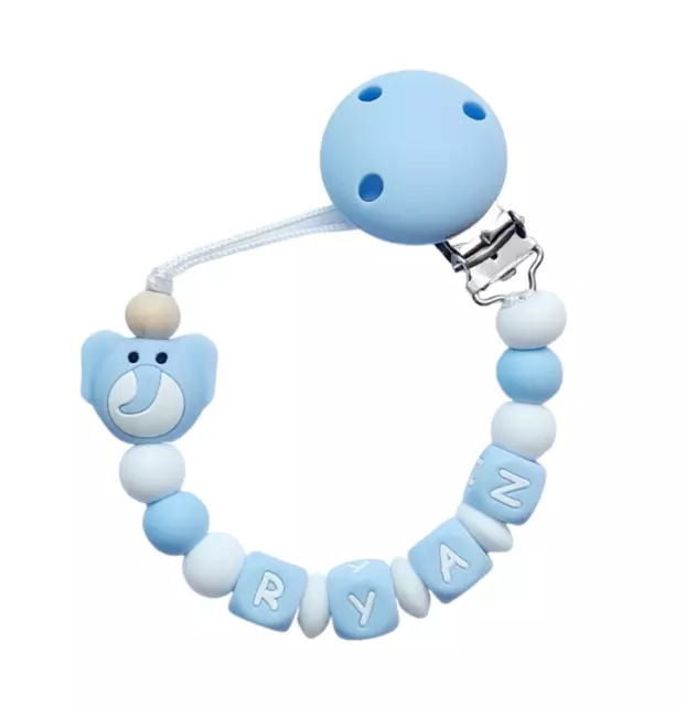 Full Silicone Personalised Dummy Clip Baby Boy Blue Elephant Bead Pacifier Chain