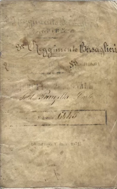 Libretto Personale 3° Reggimento Bersaglieri  - Anni 1875-1877  Asti Alessandria