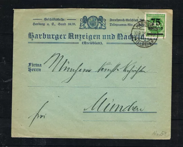 DR 1923 Freimarke 288 EF gebraucht auf Umschlag Harburger Anzeigen & > Munchen