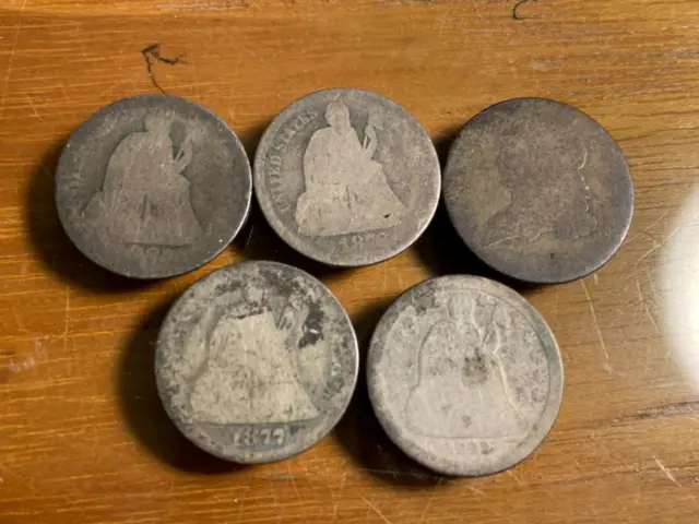 5 Old Dimes (4-Seated, 1-Bust) Well Worn Condition SKU# 32875
