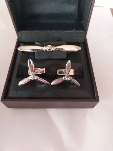 Alfred Dunhill Sterling Silver Aeroplane Propellers Cufflinks Tie Bar spitfire
