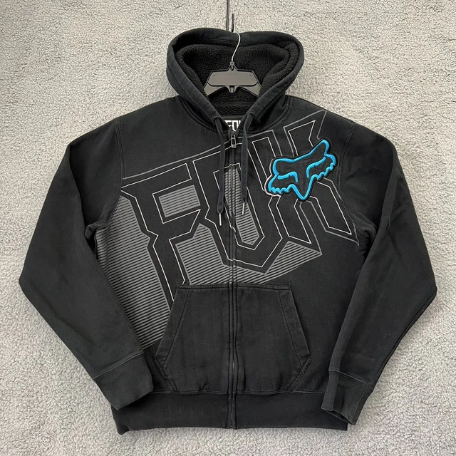 Fox Racing Hoodie Mens Large Black Full Zip Fleece Lined Pockets Spellout 1643