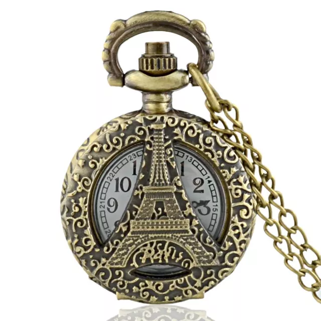 Antique Eiffel Tower Quartz Bronze Vintage Pocket Watch Retro Pendant Chain Gift