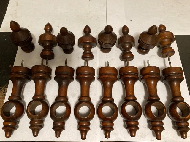 4 Old Sets Arts Craft Victorian Turned Wood Drapery Curtain Rod Brackets Finials 2