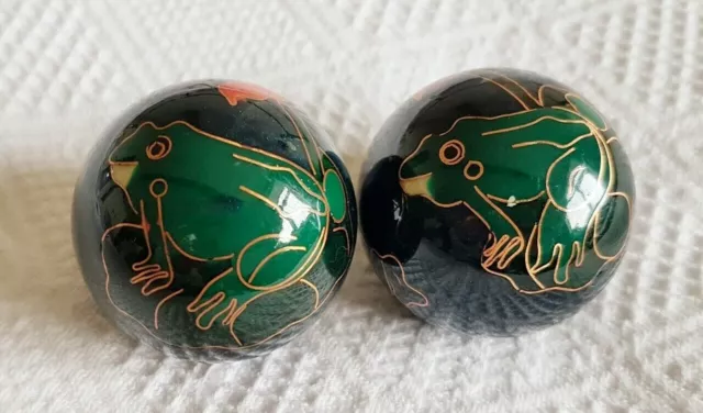 Cloisonne Enamel Baoding Balls ~ Relaxation Therapy ~ Frogs Design ~ Blue, Green