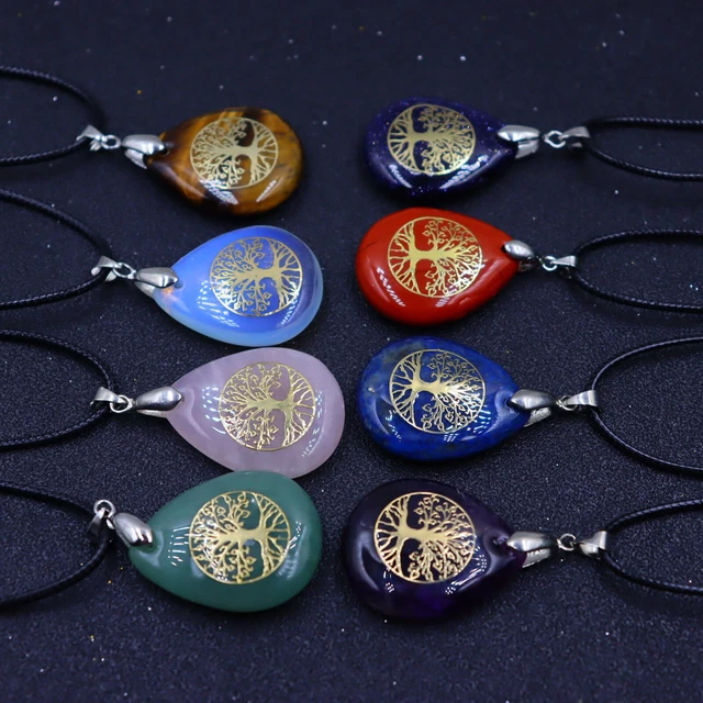 8pcs Pendant Necklace Natural Gemstone Tree of Life 7 Chakra Healing Crystal