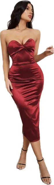 Red Satin Dress Strapless Formal Cocktail Bodycon Fitted Evening